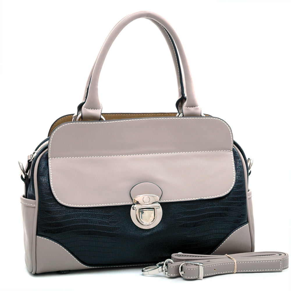 Matte Croco Texture Satchel w/ Buckle Accent & Shoulder Strap