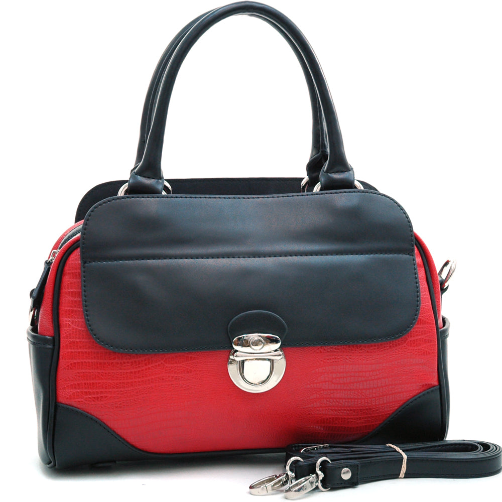 Matte Croco Texture Satchel w/ Buckle Accent & Shoulder Strap