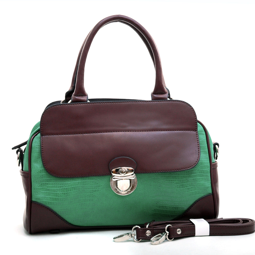 Matte Croco Texture Satchel w/ Buckle Accent & Shoulder Strap