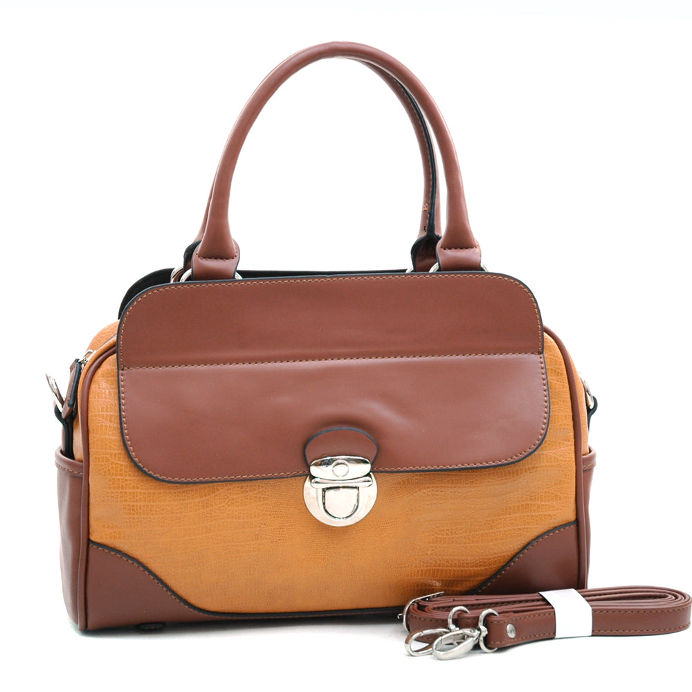 Matte Croco Texture Satchel w/ Buckle Accent & Shoulder Strap