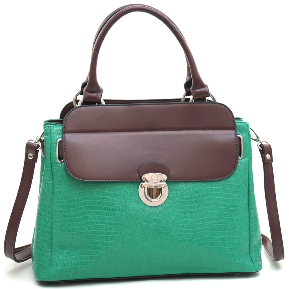 Matte Croco Texture Satchel with Buckle Accent & Shoulder Strap