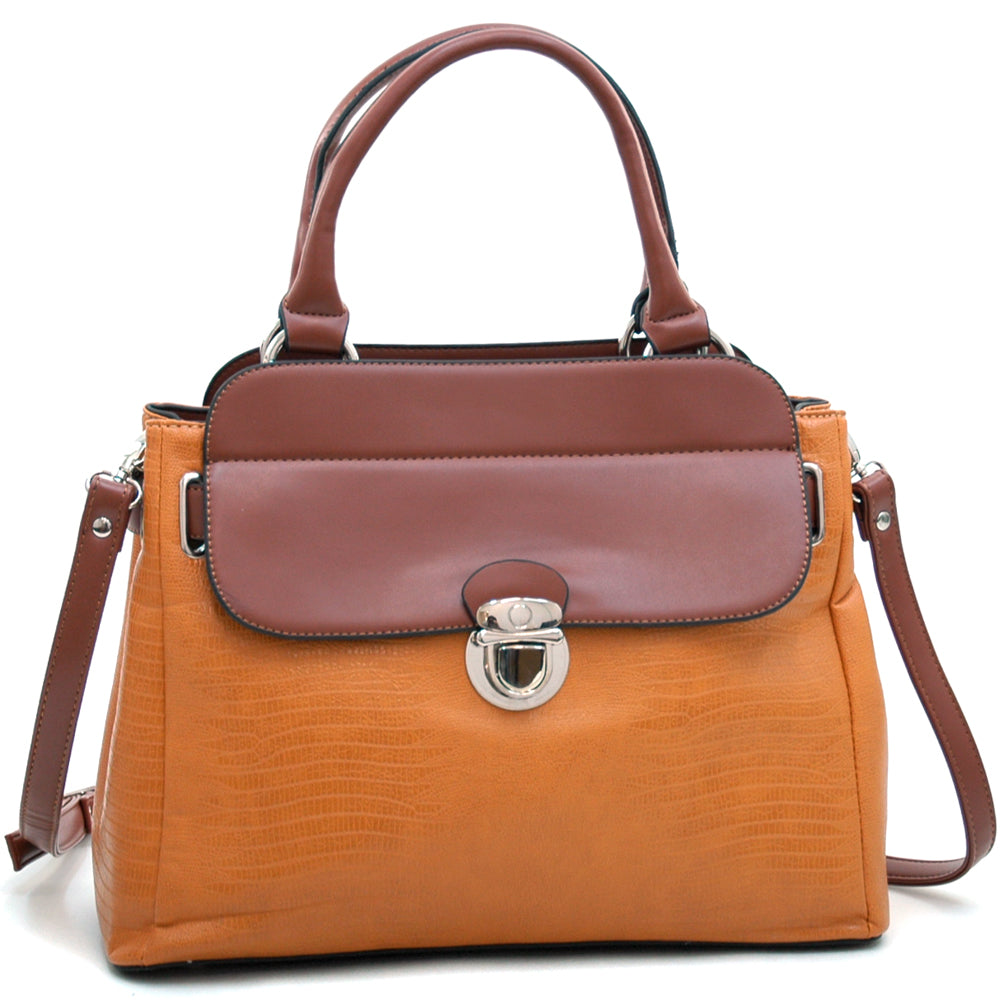 Matte Croco Texture Satchel with Buckle Accent & Shoulder Strap