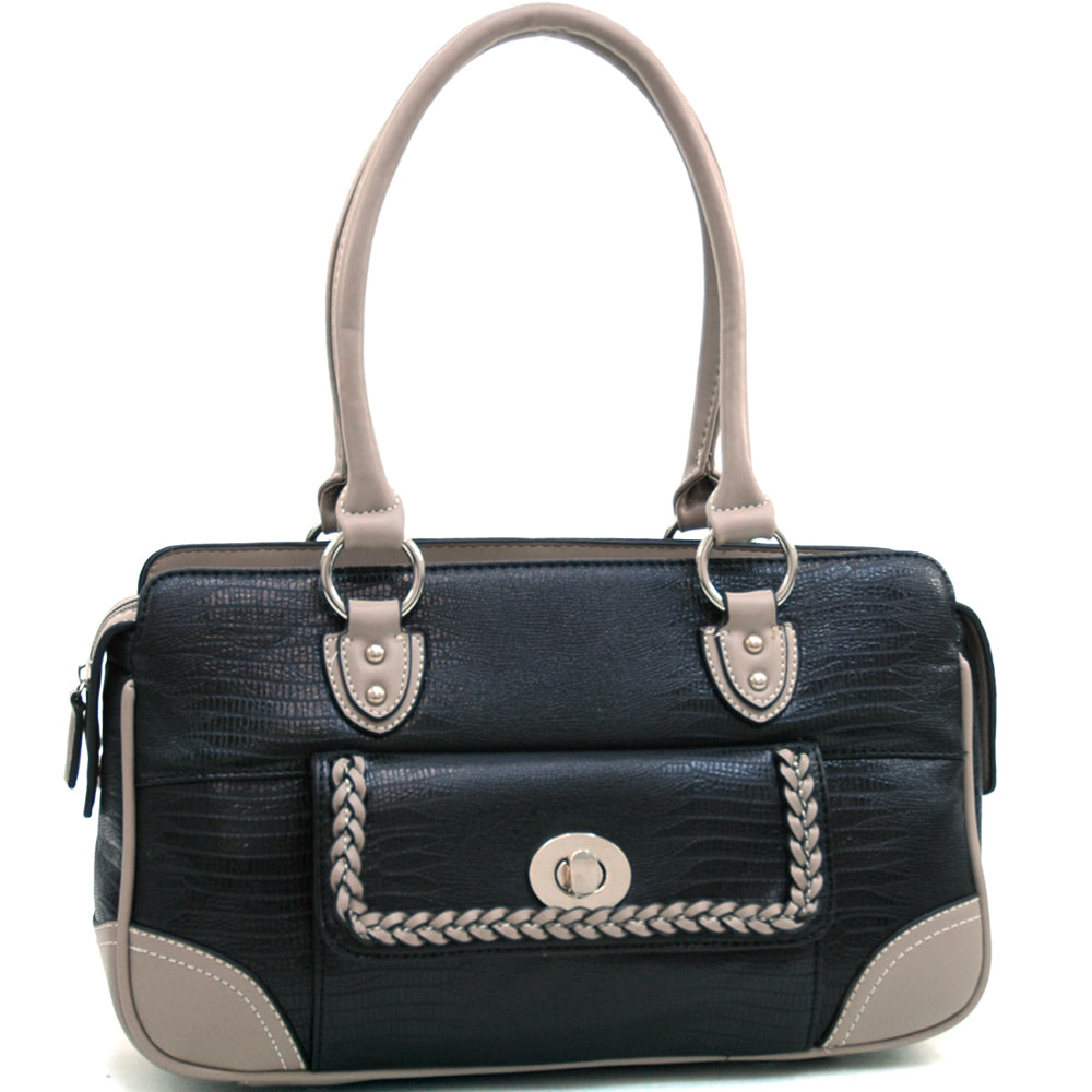 Matte Croco Texture Satchel w/ Buckle Accent & Shoulder Strap