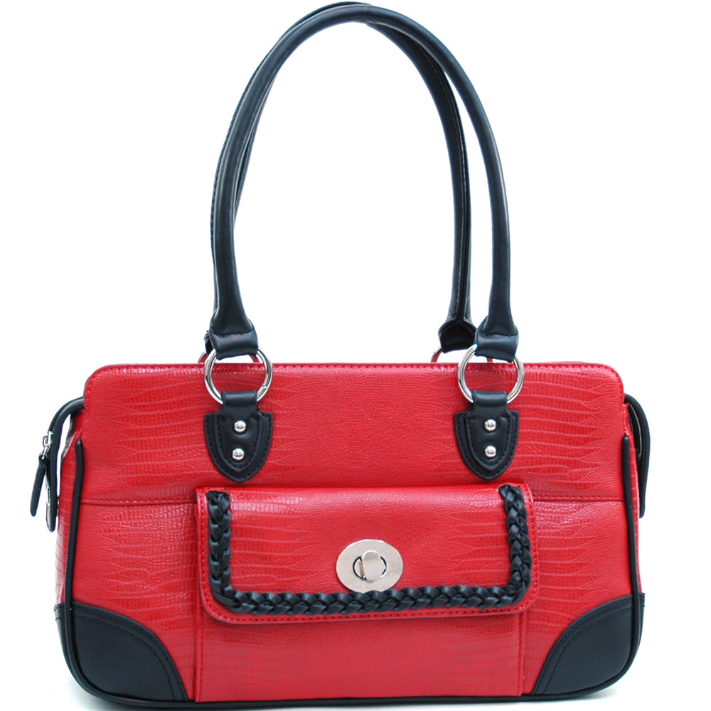 Matte Croco Texture Satchel w/ Buckle Accent & Shoulder Strap