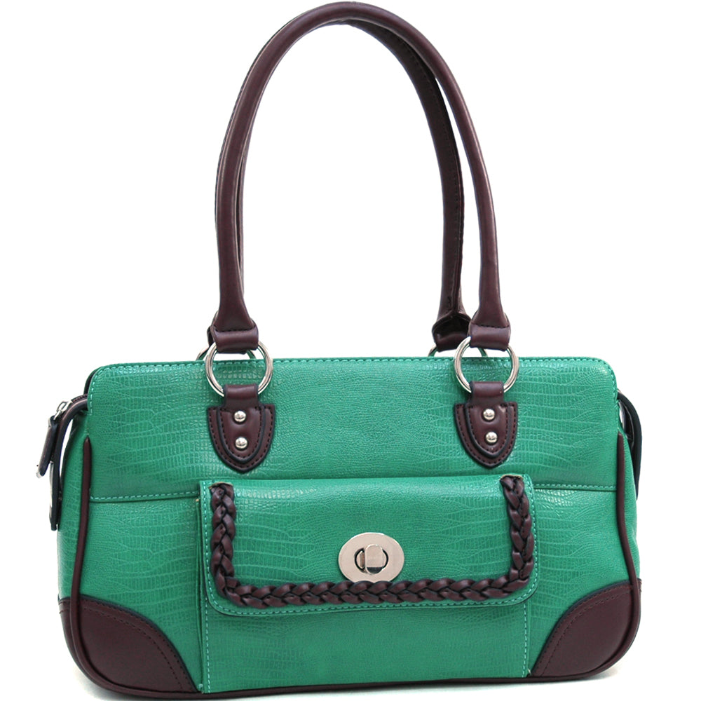 Matte Croco Texture Satchel w/ Buckle Accent & Shoulder Strap