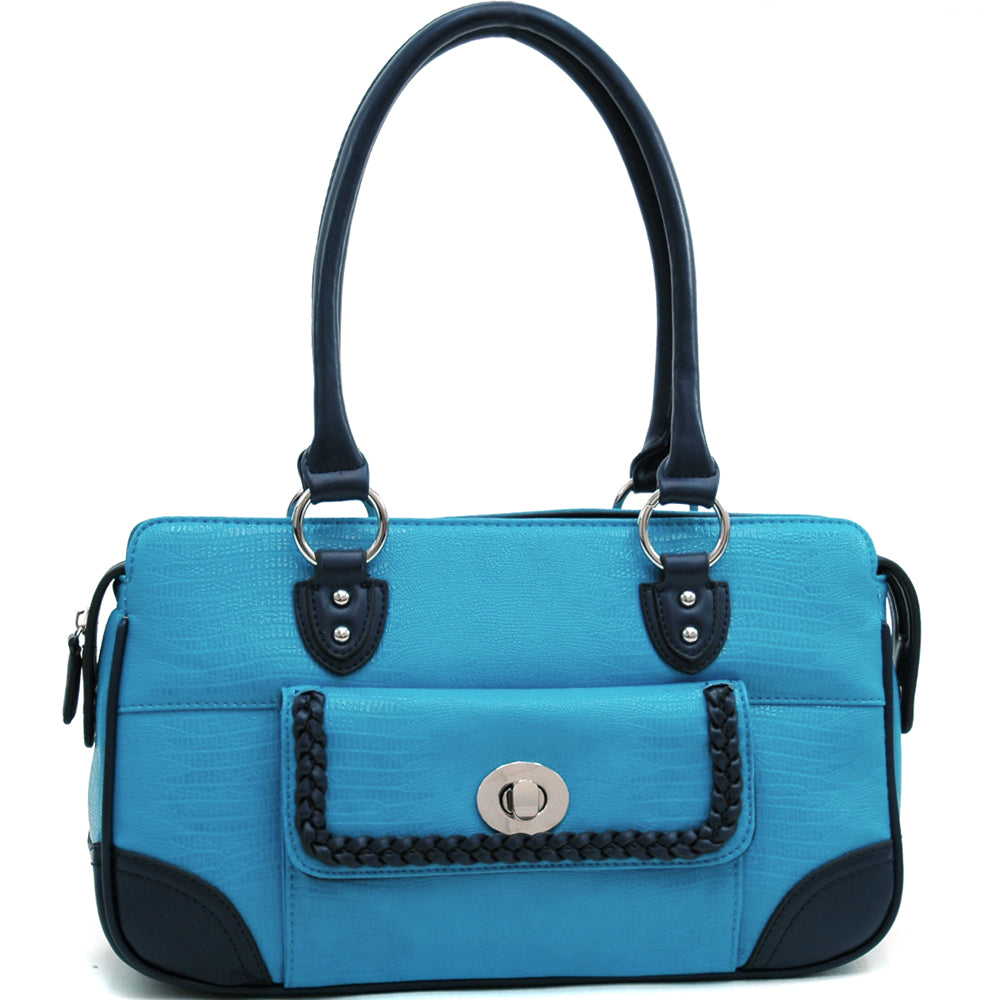 Matte Croco Texture Satchel w/ Buckle Accent & Shoulder Strap